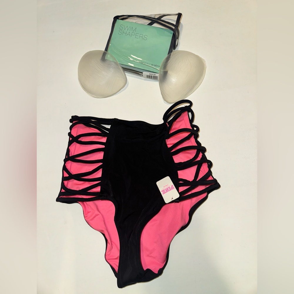 All NEW VS PINK swim high waste bikini bottom in black + silicone swim shapers !